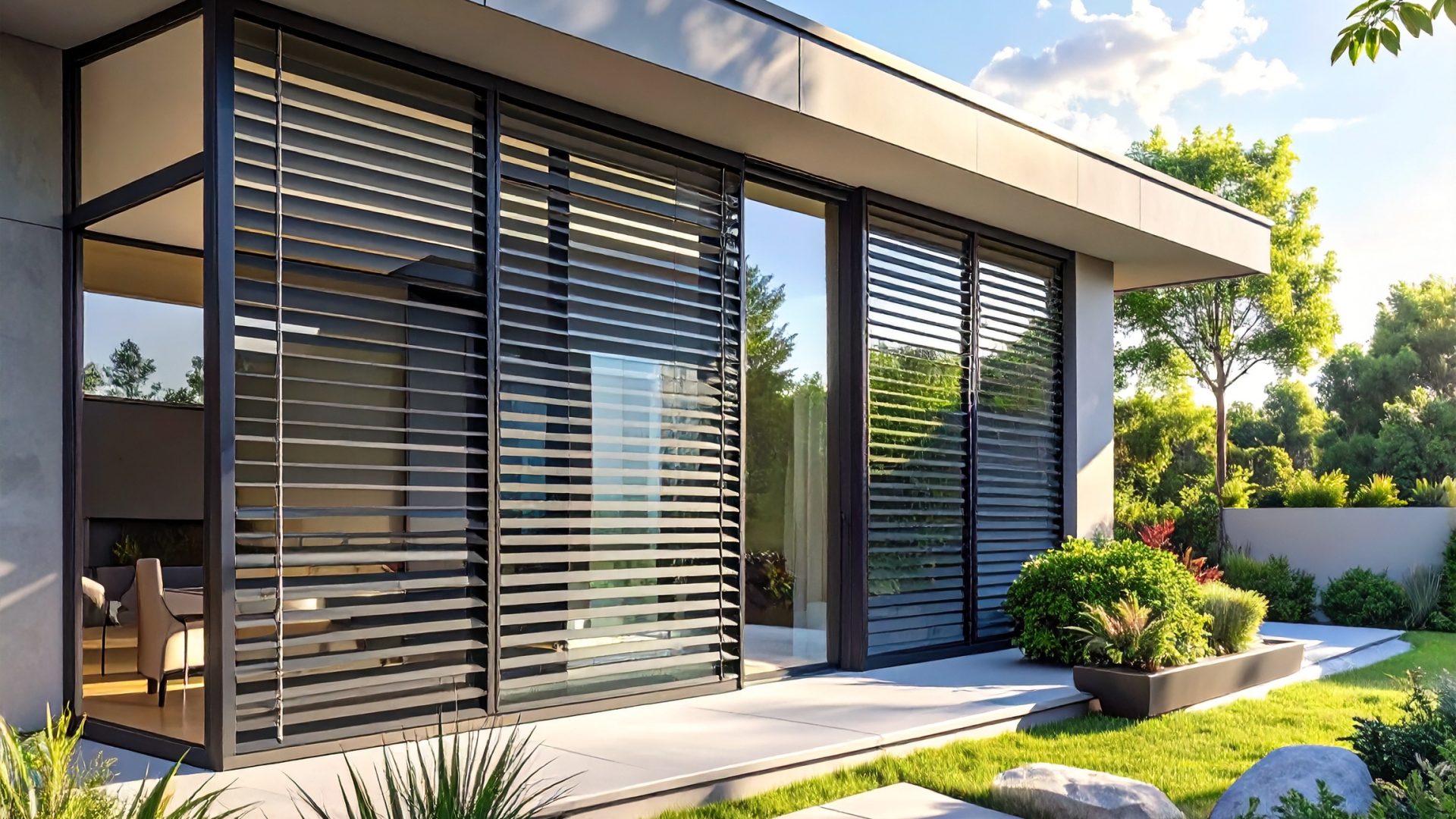 Firefly_Vue extérieure moderne d’une maison contemporaine avec de grands vitrages protégés pa 717131