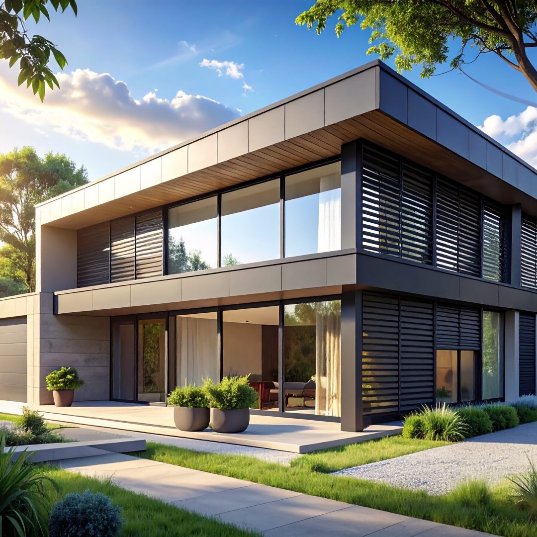 Firefly_Vue extérieure moderne d’une maison contemporaine avec de grands vitrages protégés pa 827711